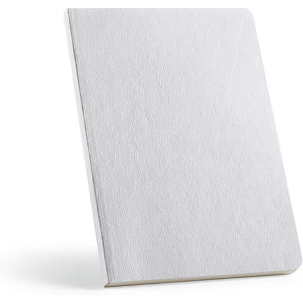 A white notebook with a cotton rag cover, featuring 80gsm recycled paper and 196 pages. It has a logo on the front.