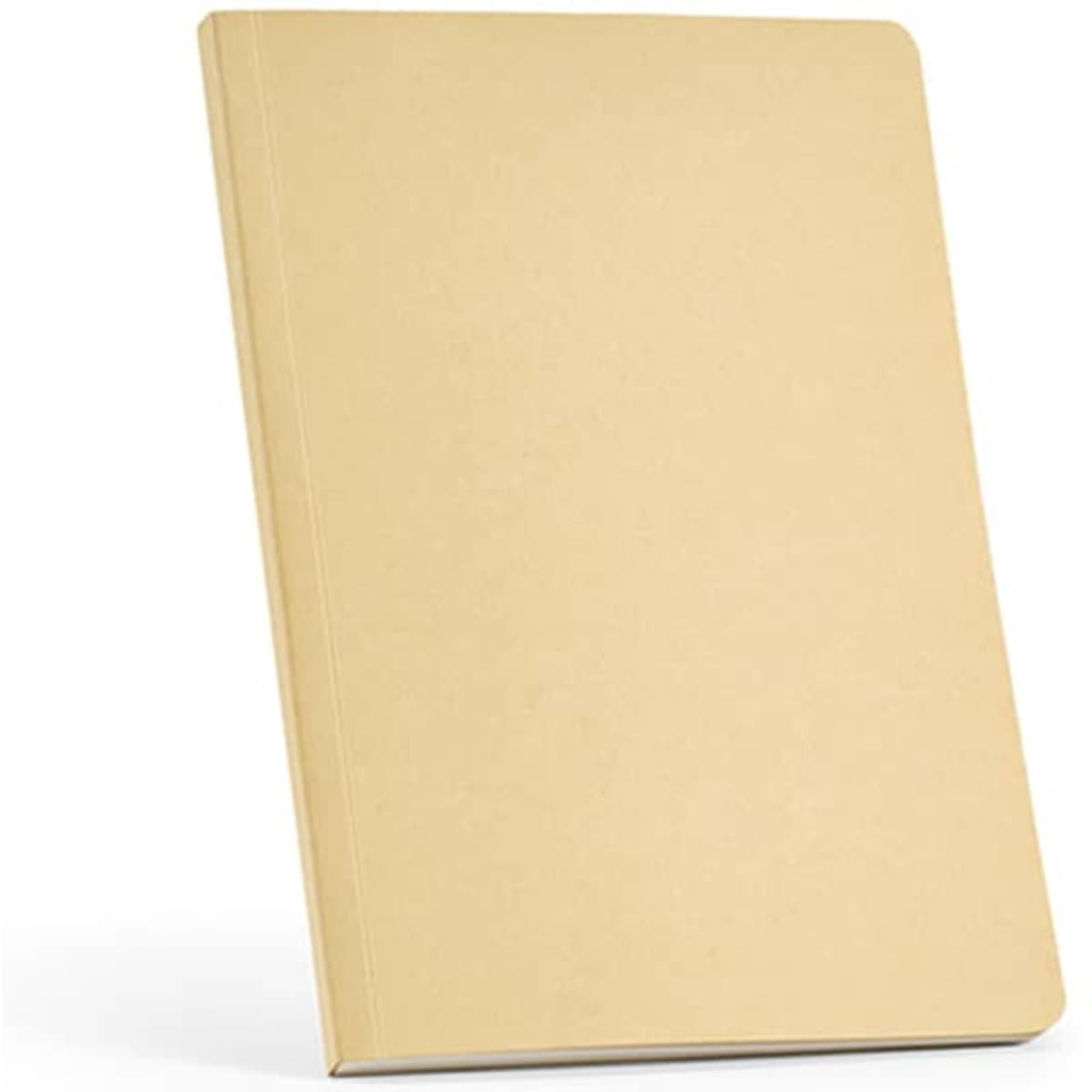 A beige A5 notebook made from bamboo fibre, featuring 196 recycled pages of 70gsm paper and a plain cover.