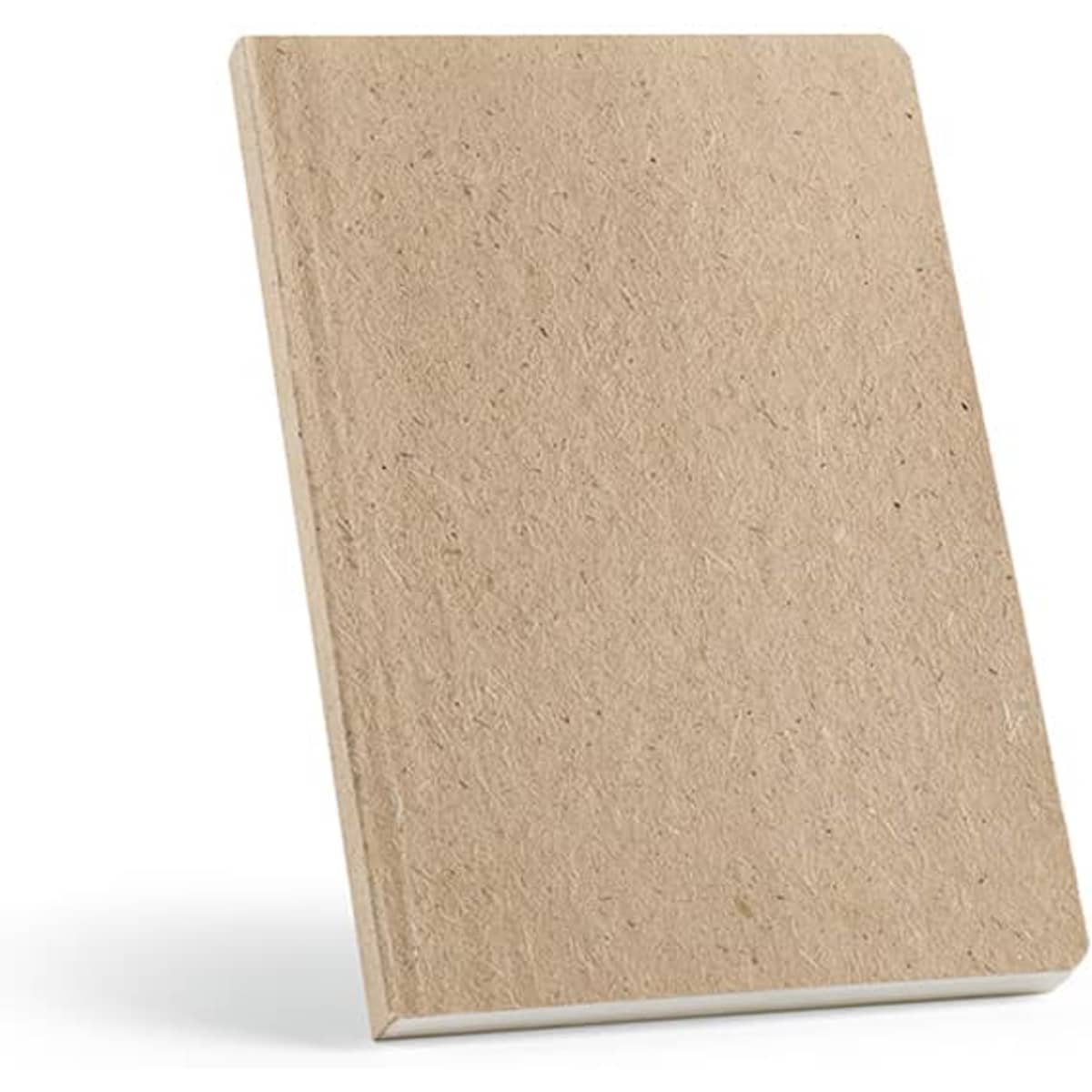 A brown notebook with a sugarcane cover, featuring 196 pages of 80gsm recycled paper and a logo on the front.