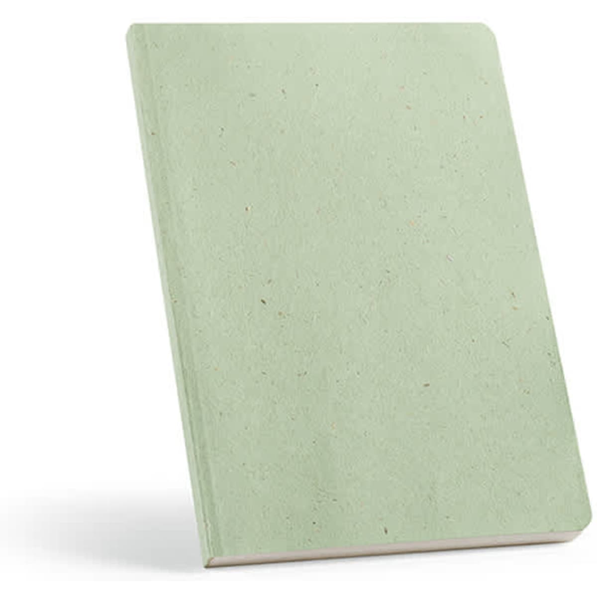 A lemongrass green A5 notebook with a textured cover, featuring 196 pages made from recycled 80gsm paper.