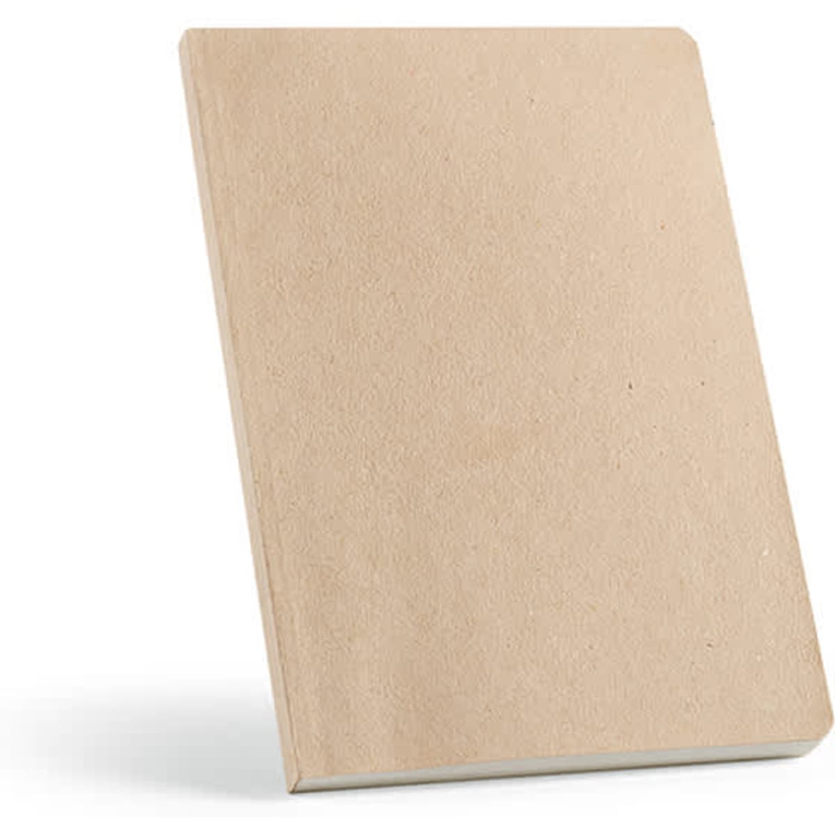 A beige A5 notebook with a textured cover, featuring 196 recycled pages and a logo on the front.