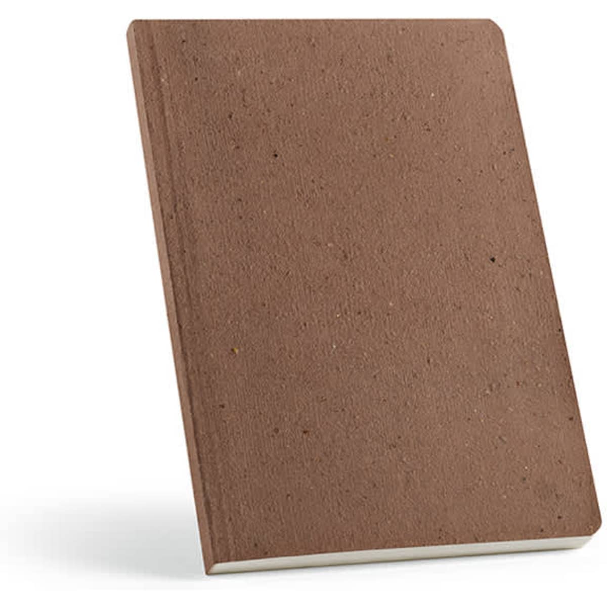 A brown A5 notebook with a textured coffee waste cover and 196 pages of 80gsm recycled paper. Features a logo.