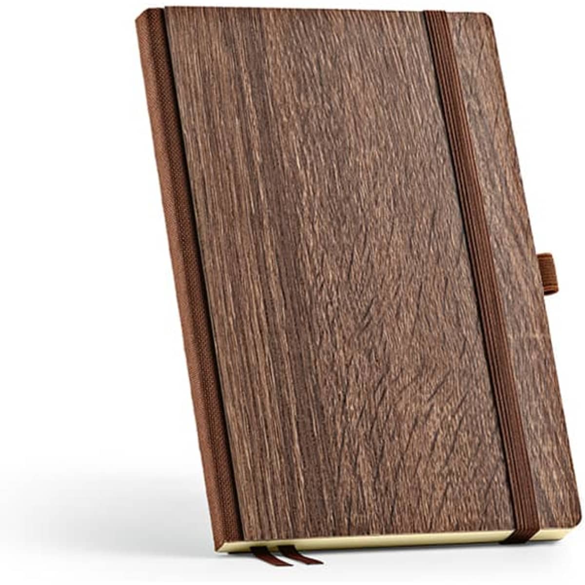 A woodgrain cover A5 notebook with a brown finish and an elastic band closure, featuring 196 pages of 70gsm paper.