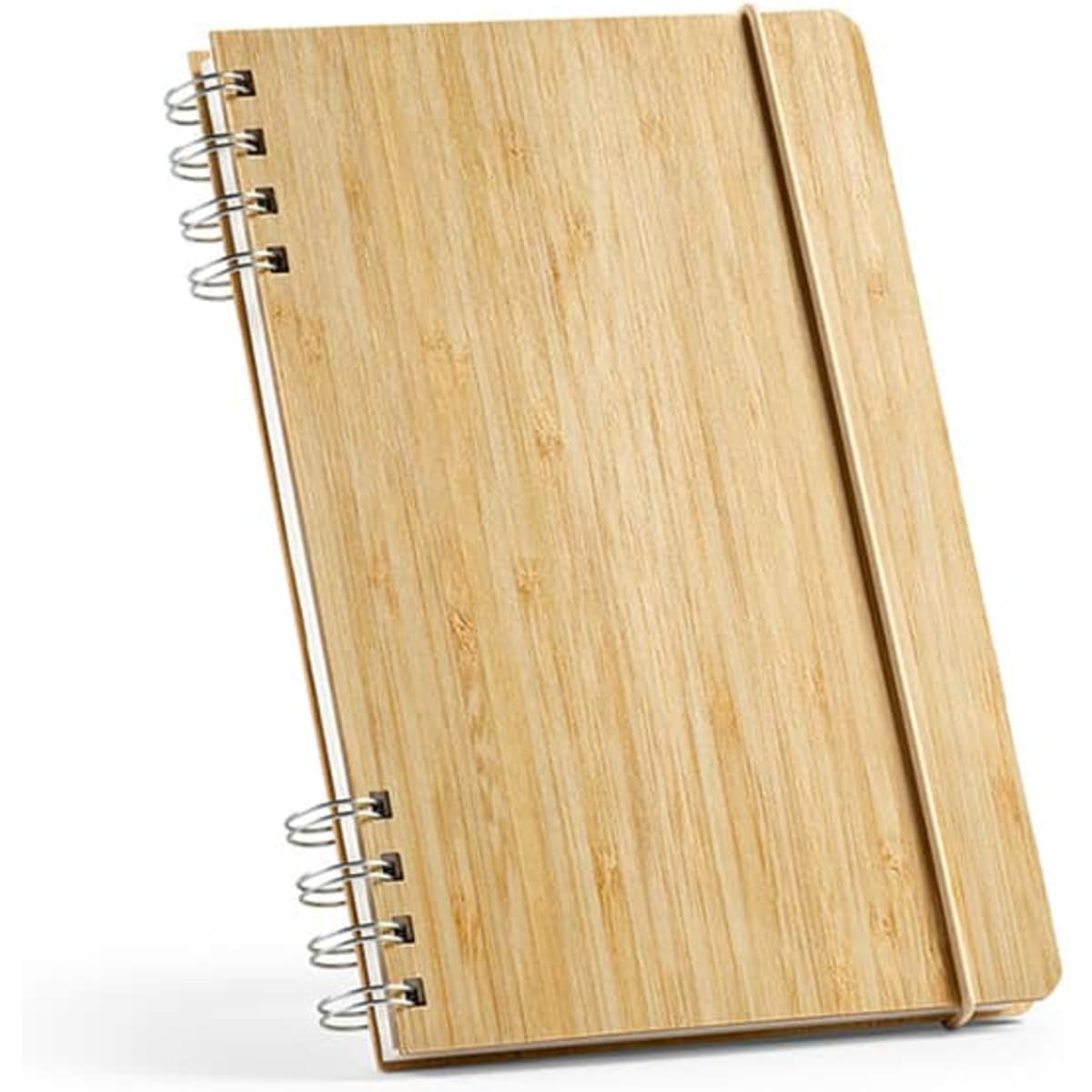 A bamboo-covered A5 notebook with a spiral binding and elastic closure, featuring 196 recycled pages.