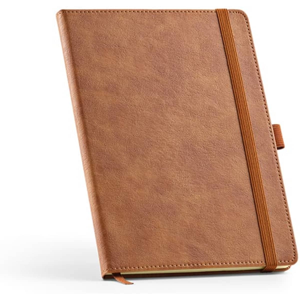 A brown A5 notebook with an rPU cover, 70gsm paper, and 196 pages, featuring a logo on the front.