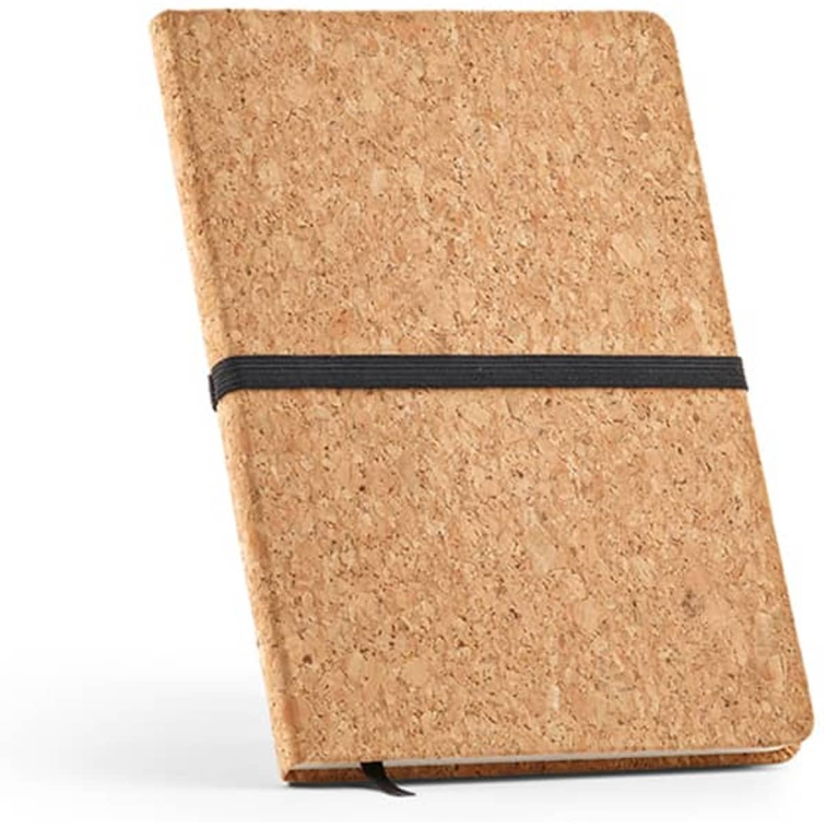 A cork-covered A5 notebook with a black elastic band, featuring 196 pages of 70gsm FSC® recycled paper.