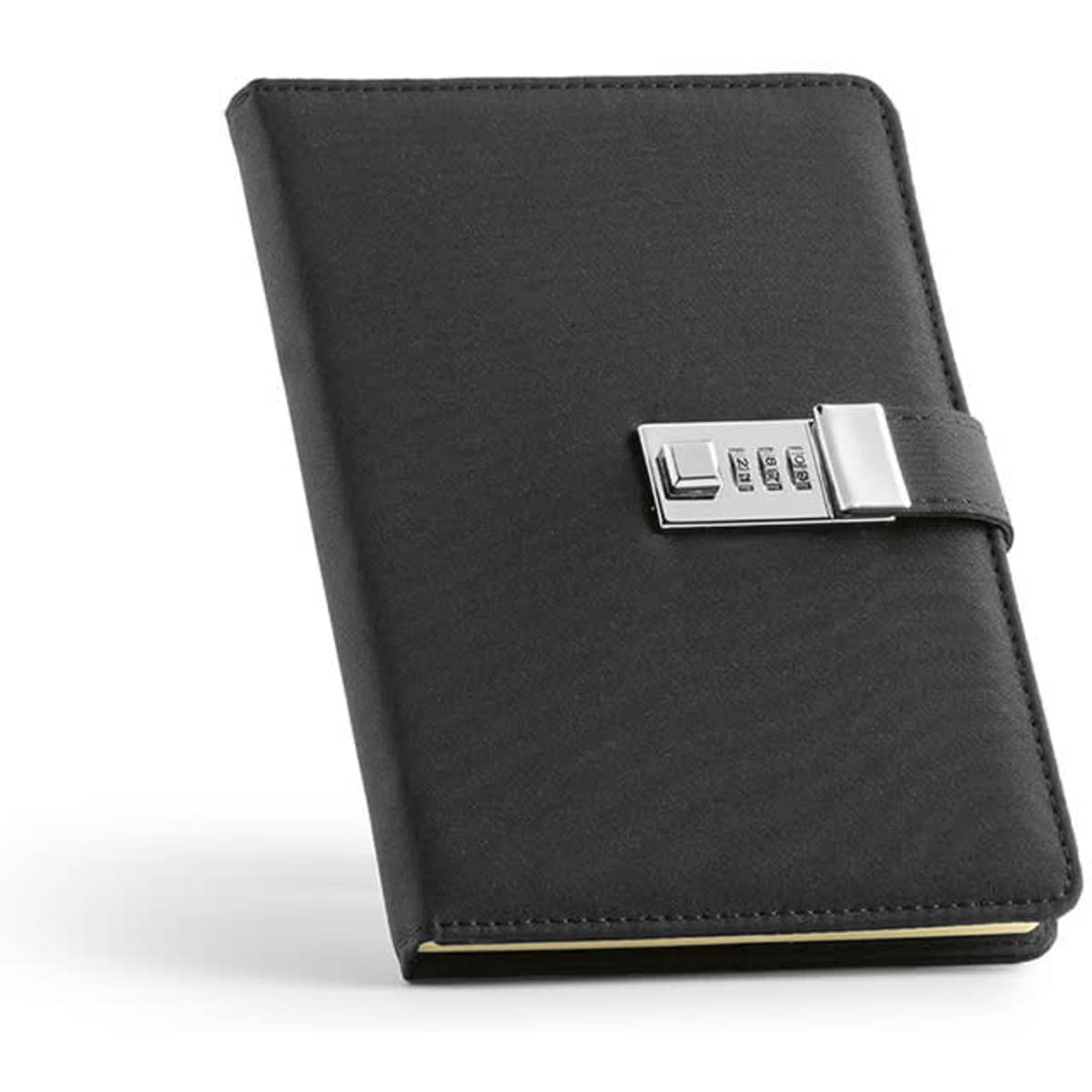 A black A5 notebook with a metal lock, featuring 70gsm FSC® certified paper and 192 pages.