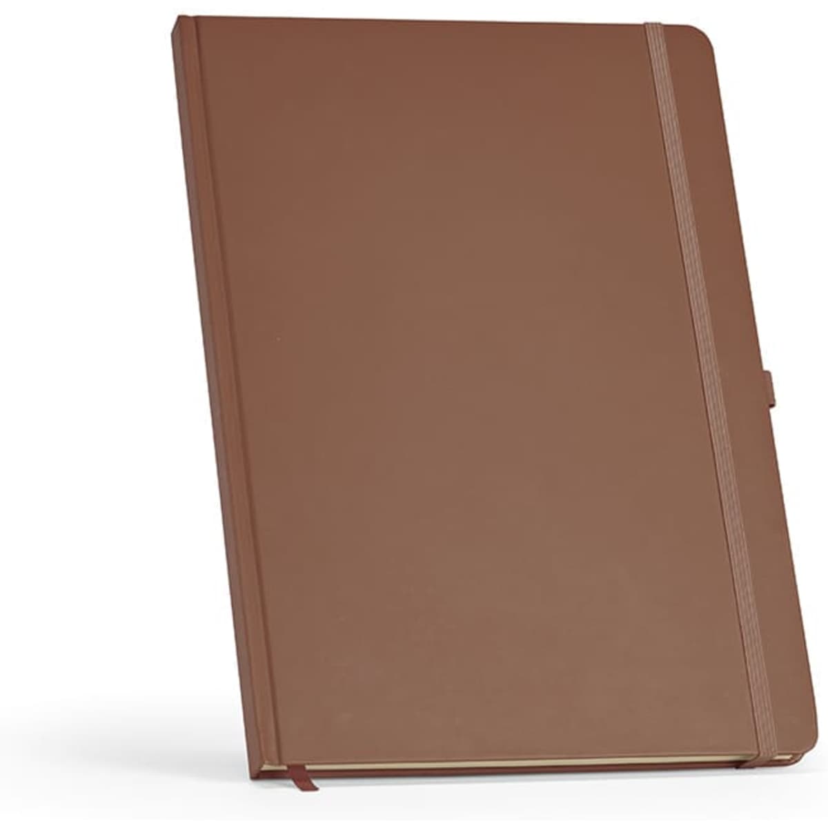 A brown A4 hardcover notebook featuring 240 recycled 70gsm pages and an elastic closure. It includes a logo.