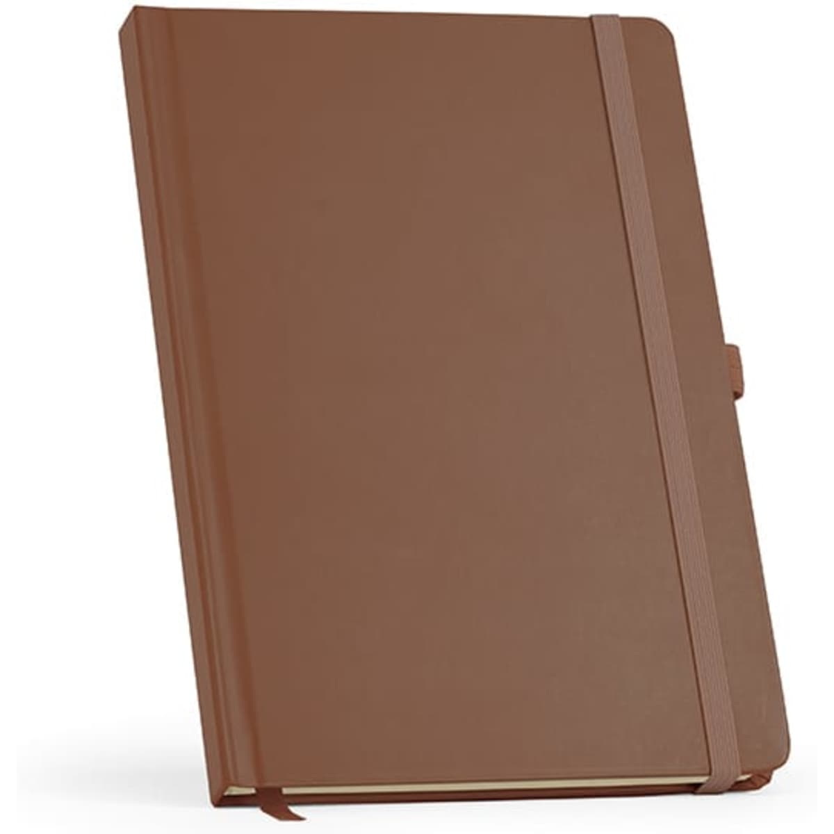 A brown hardcover notebook with 196 recycled 70gsm pages and an elastic closure. Features a logo on the cover.