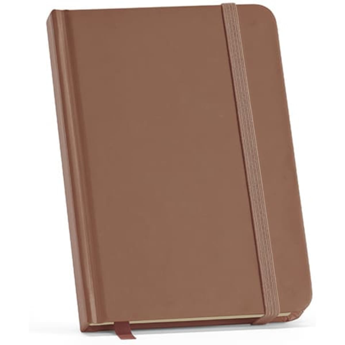 A brown hardcover notebook with 196 recycled 70gsm pages and a matching elastic band closure.