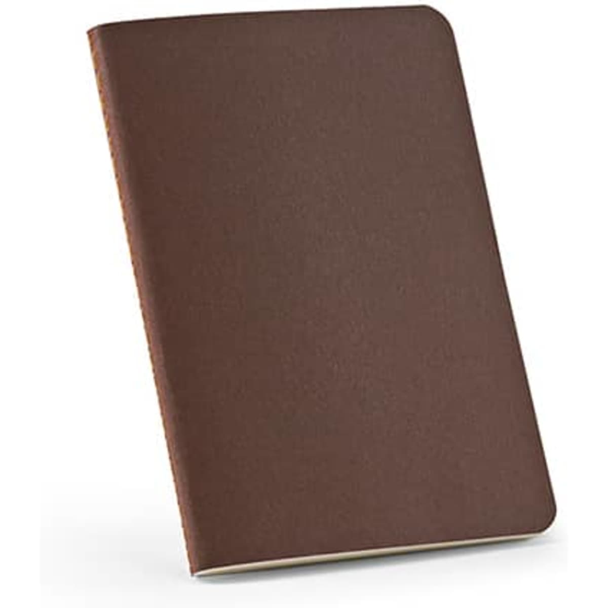 A brown A6 softcover notebook with a cardboard cover, featuring a subtle logo on the front.
