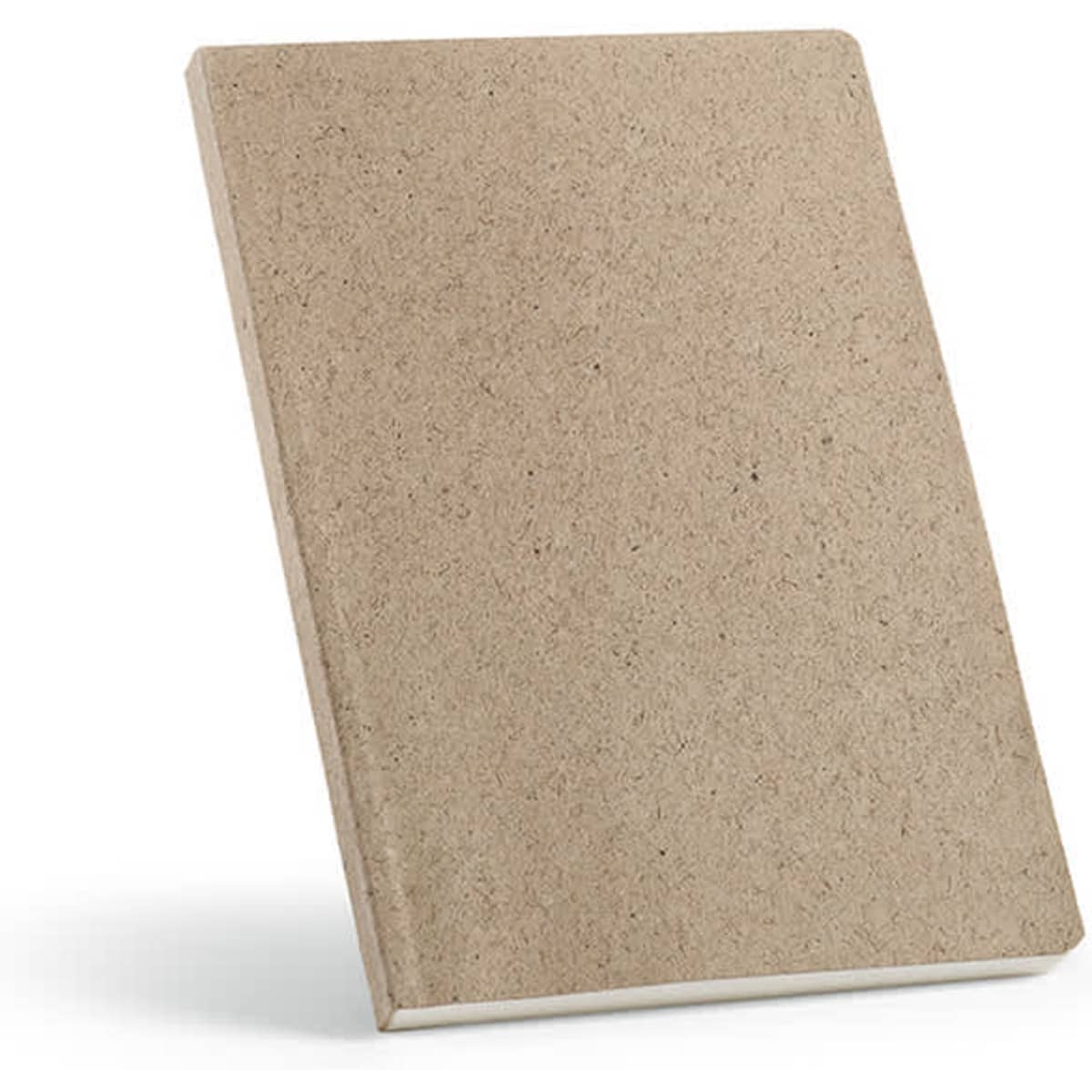 A beige A5 notebook with a textured recycled cover, featuring 196 pages of 80gsm paper and a logo.