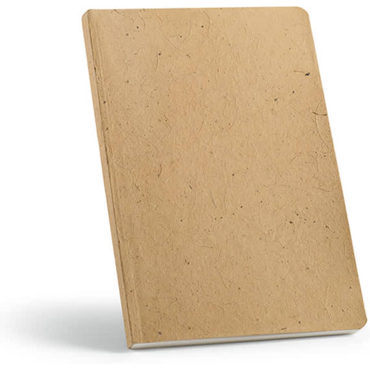 A brown notebook with a textured cover, containing 196 pages of 80gsm recycled paper, featuring a logo.
