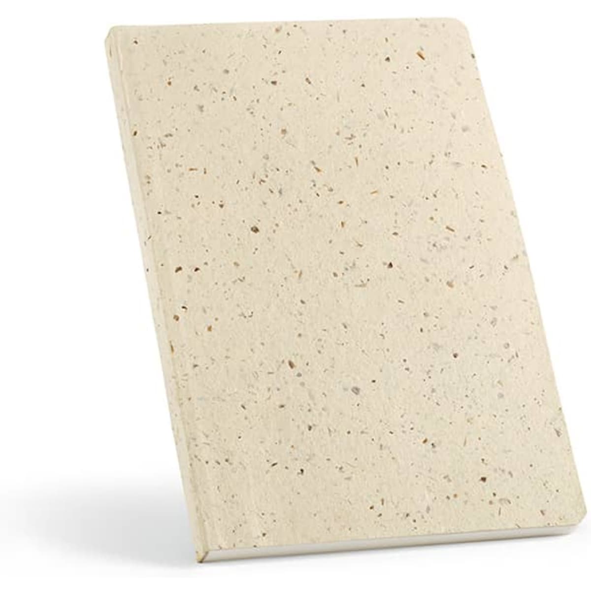A beige notebook with a textured cover made from recycled materials, featuring a logo on the front.