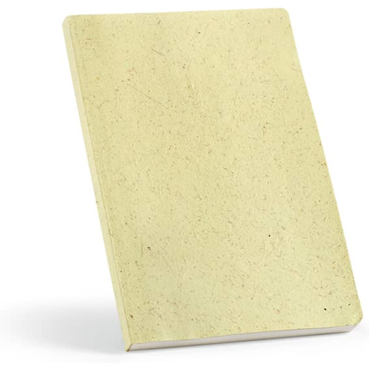 A yellow notebook with a corn husk cover, featuring 196 pages of 80gsm recycled paper and a visible logo.