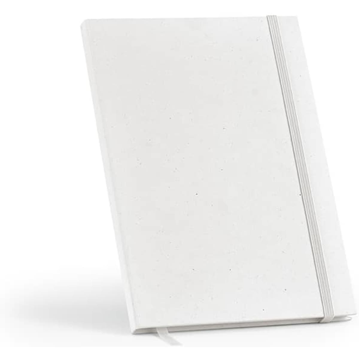 A white A5 notebook with a textured cover, featuring an elastic band and a ribbon marker. It has a logo on the cover.