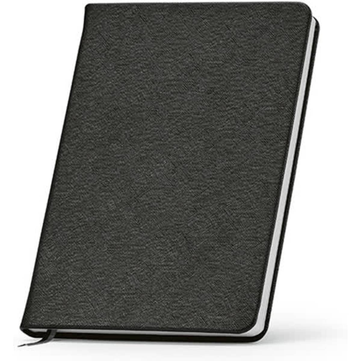 A hardcover notebook with a textured black cover, featuring 196 pages of 80gsm paper and a ribbon bookmark.
