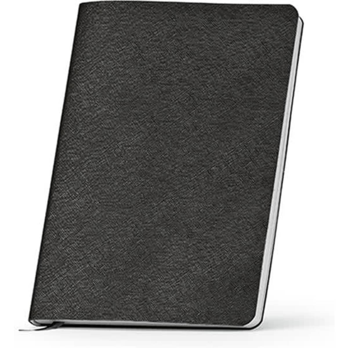 A black A5 softcover notebook with a textured finish, featuring 196 pages of 80gsm FSC® certified paper and a logo.