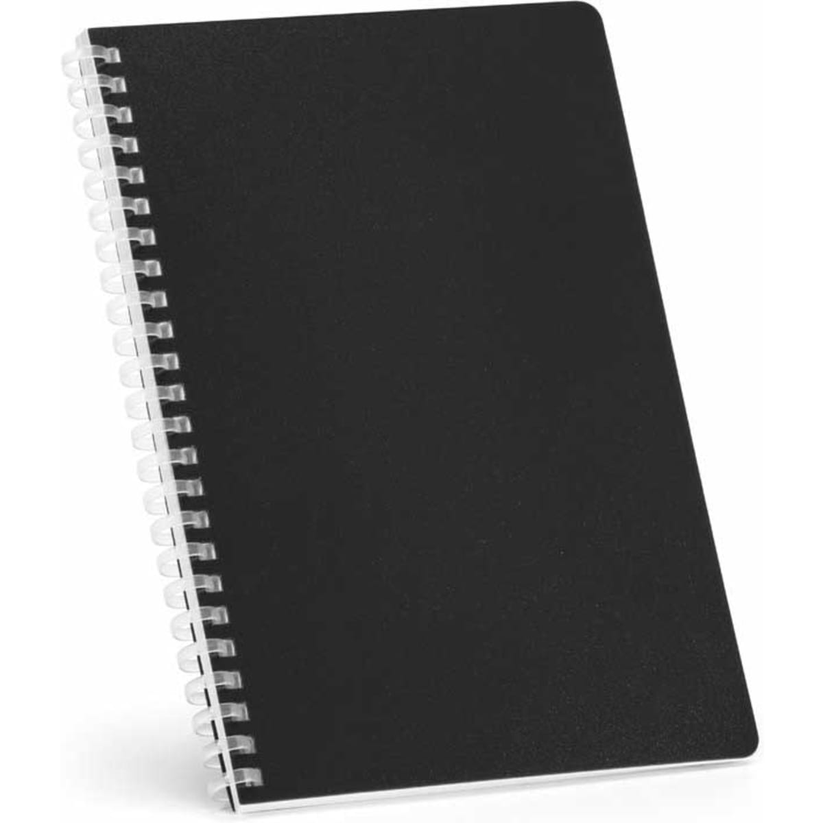 A black A5 soft cover rPP spiral notebook with 160 pages and a white spiral binding. Features a logo on the cover.