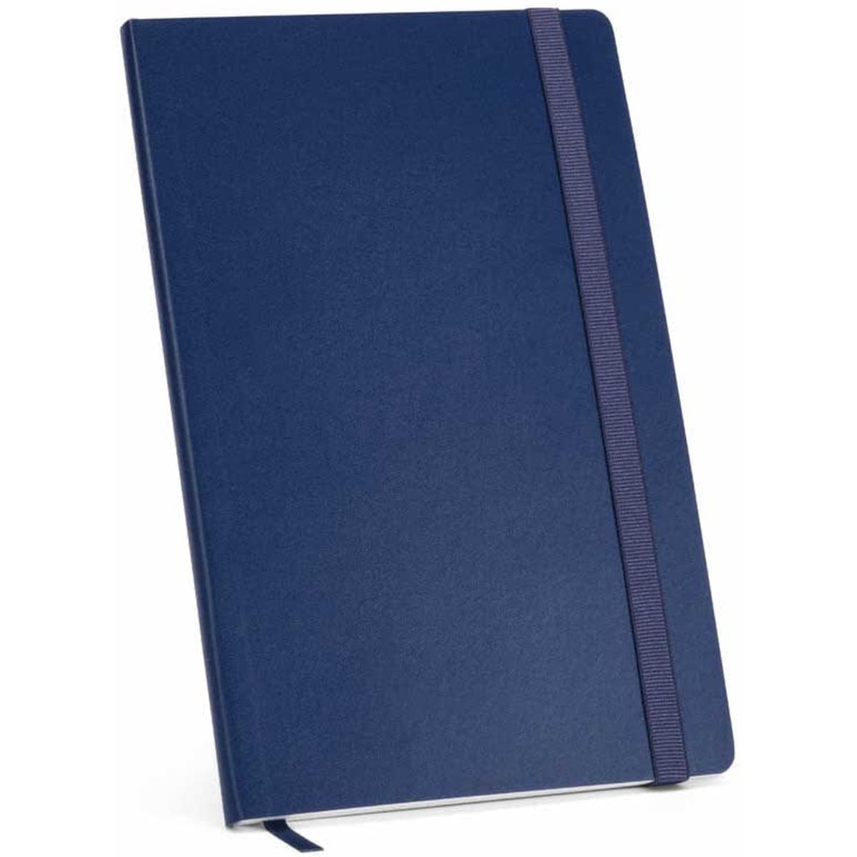 A navy soft cover notebook with a ribbon closure, featuring 160 pages of 70gsm FSC® paper. It has a logo.