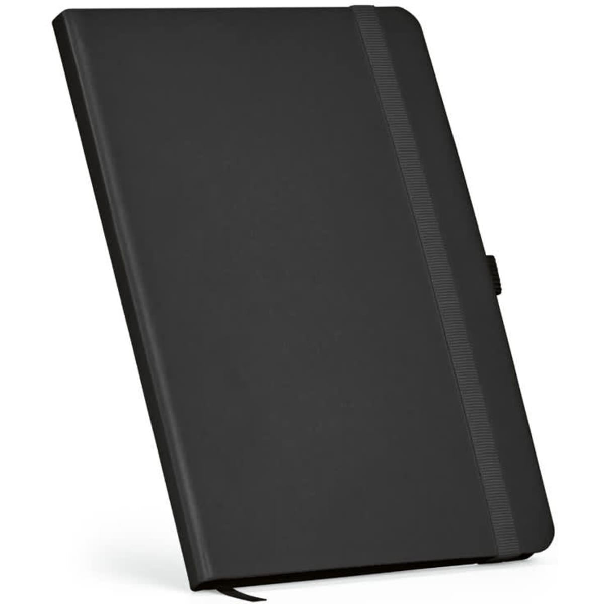 A black Dumas A5 hard cover rPU notebook with a rubber band closure and an interior bookmark. Features 160 pages.
