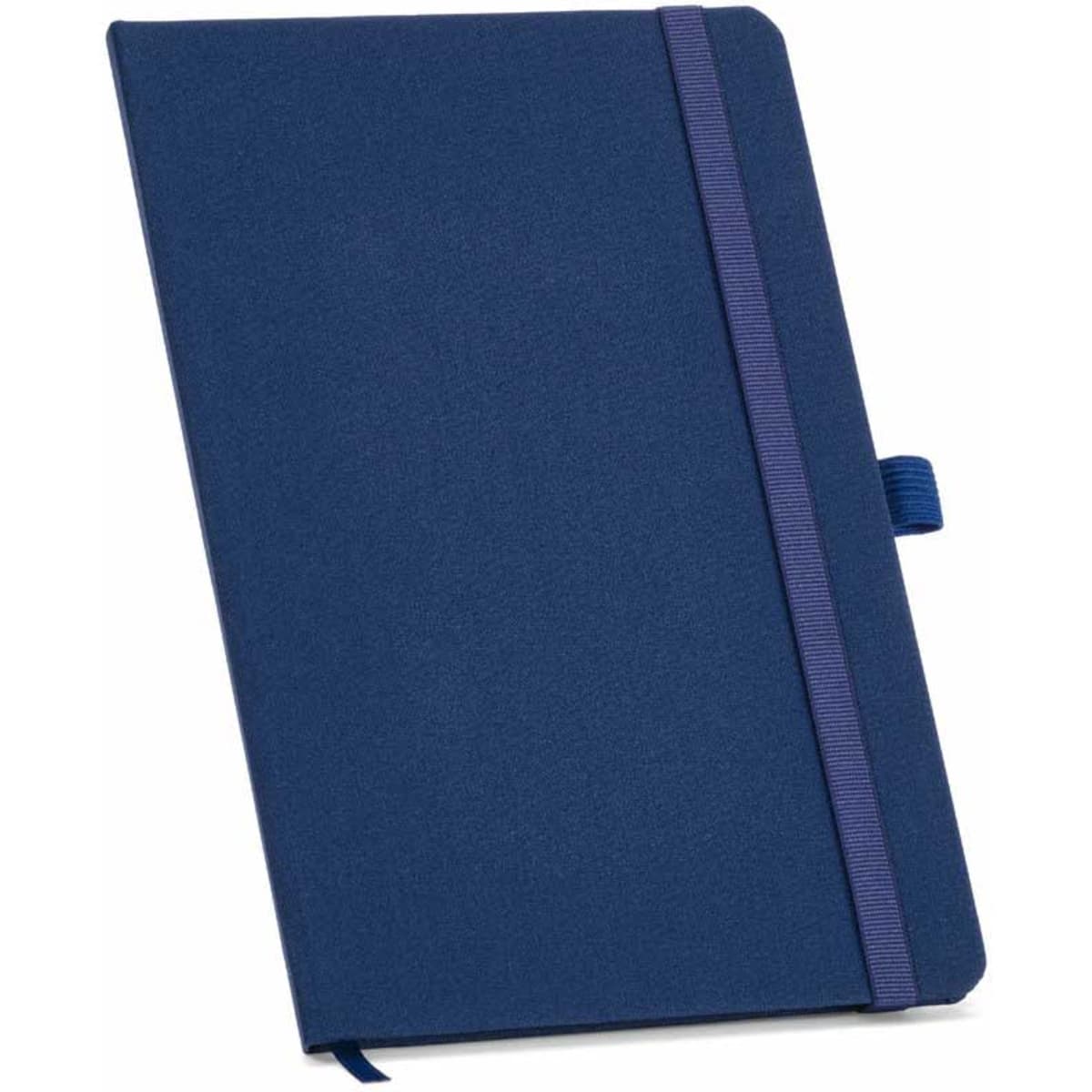 A blue A5 hard cover notebook with a ribbon closure and an elastic strap, featuring a logo.