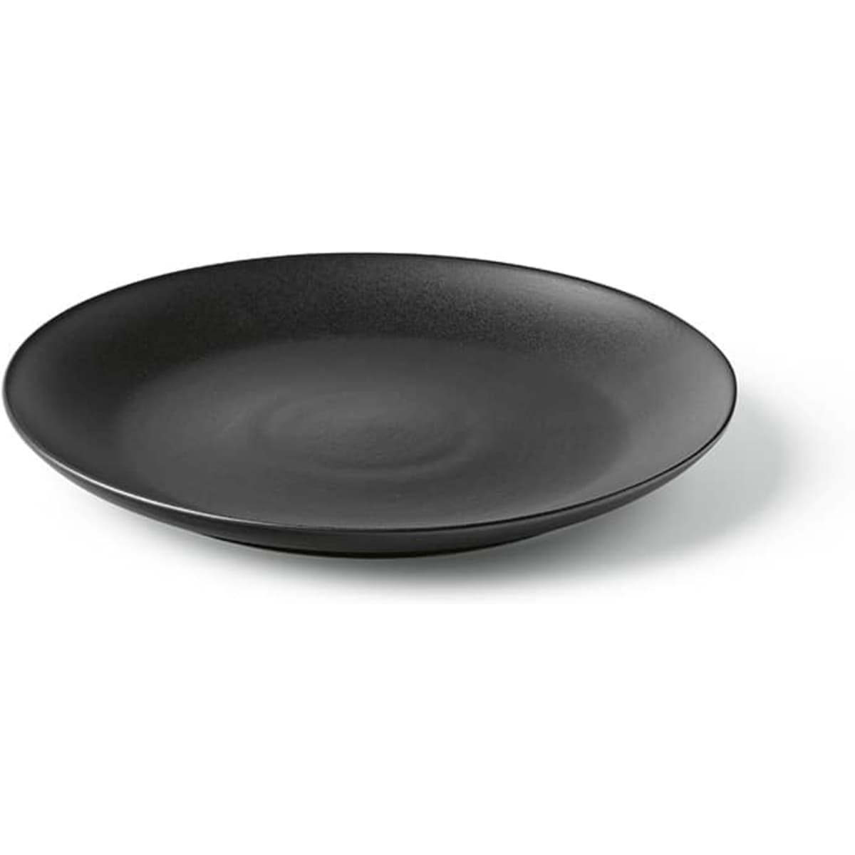 A ceramic dinner plate with a matte black finish, made in Portugal, featuring a subtle branding logo.