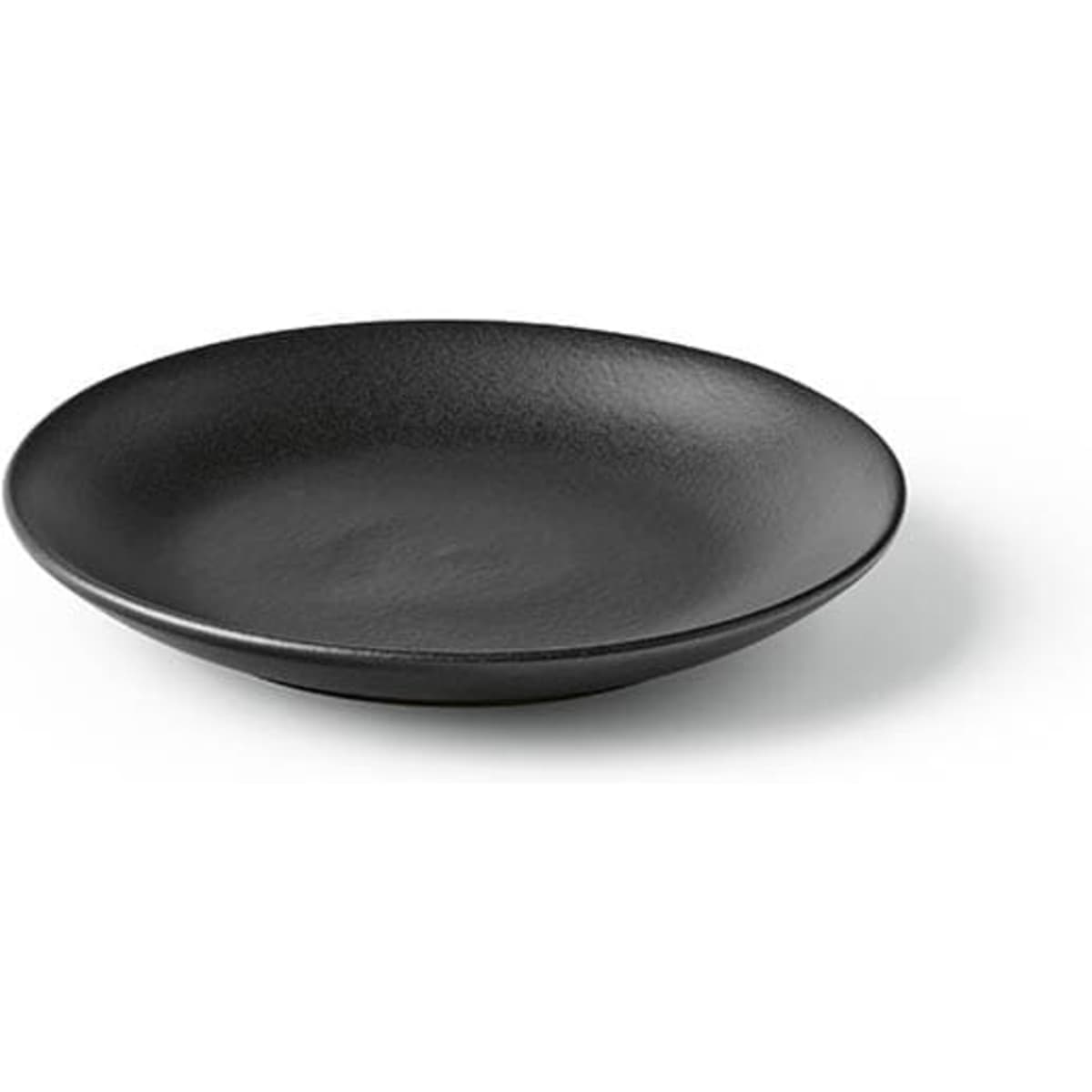 A black ceramic dessert plate with a matte finish, made in Portugal. It features a smooth, round design and has a logo.