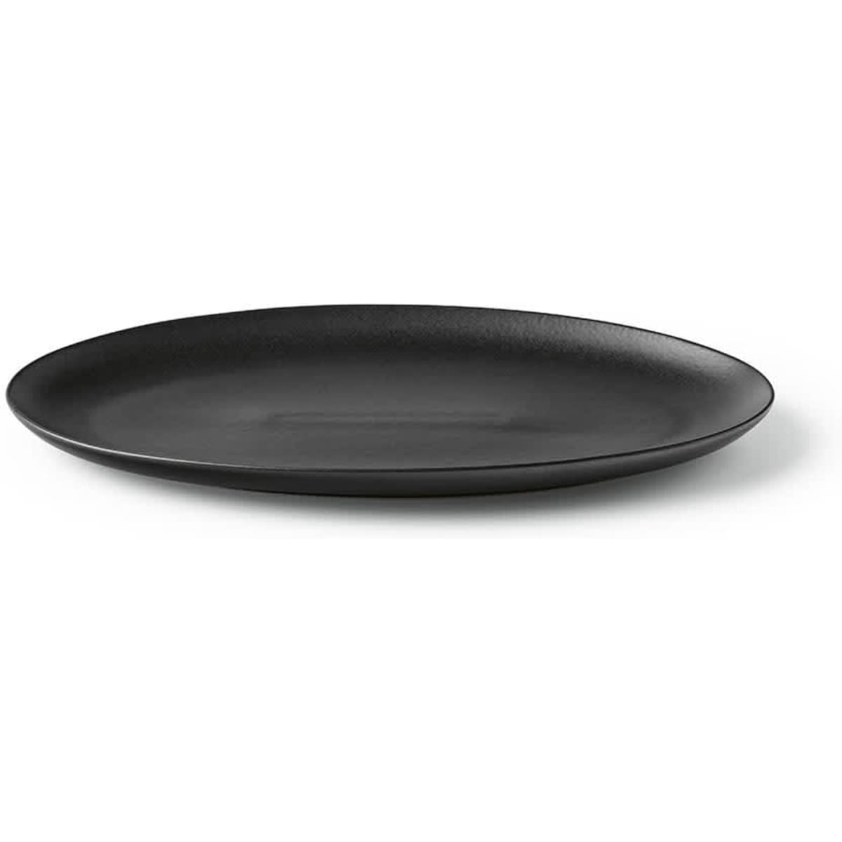 A ceramic platter with a matte black finish, featuring a simple oval design and a subtle brand logo. Made in Portugal.