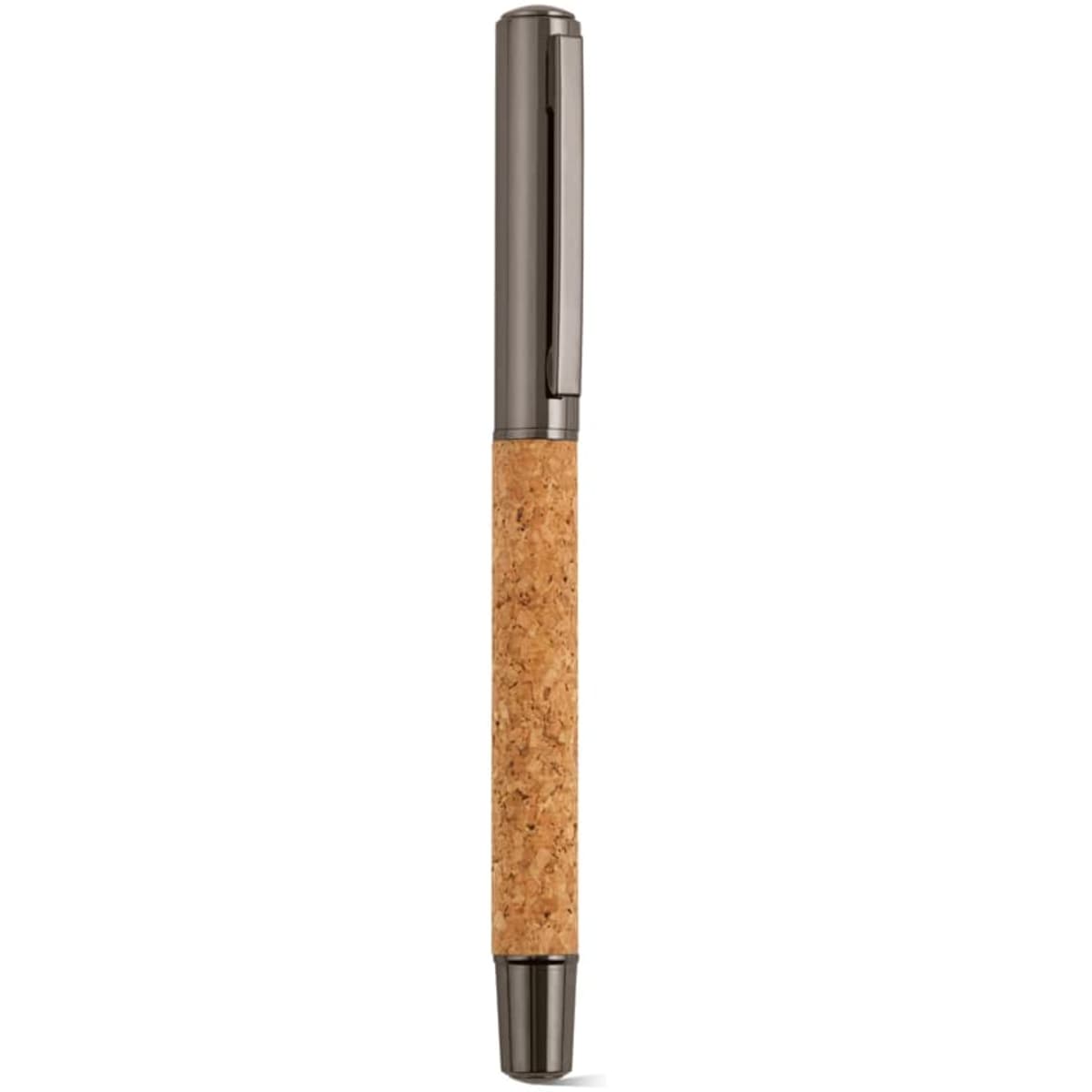 A pen featuring a cork grip with grey metal accents, designed for use with blue 2km Dokumental® ink.