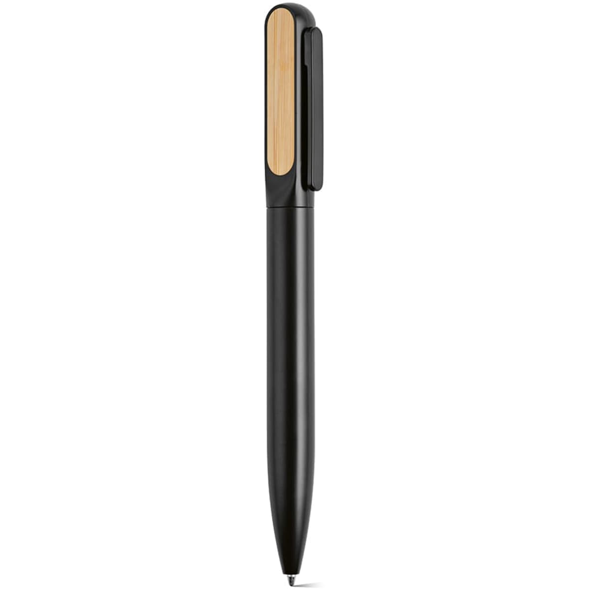 A black pen with a wooden accent, featuring a clip and ballpoint tip. It includes a branding logo.