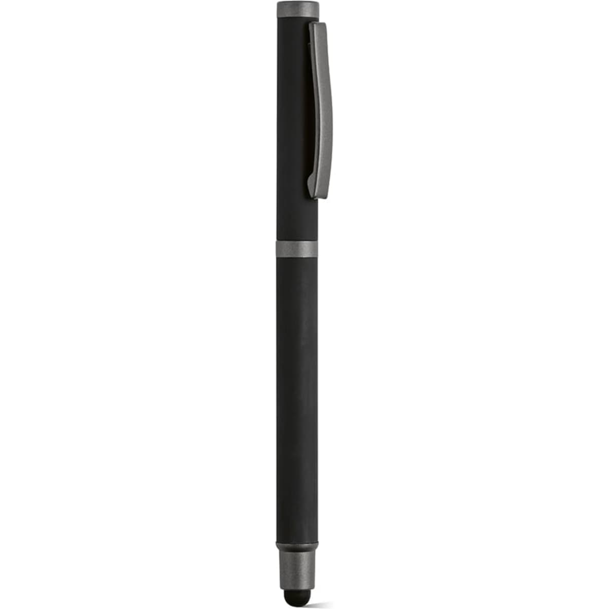 A black pen featuring a touch tip and silver accents, with a logo on its body.