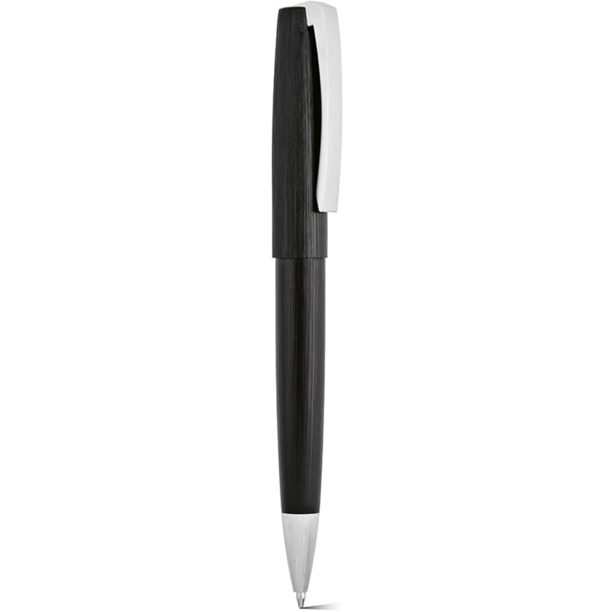 A black ballpoint pen with a sleek design, featuring a silver clip and detailing. It has a logo on the barrel.