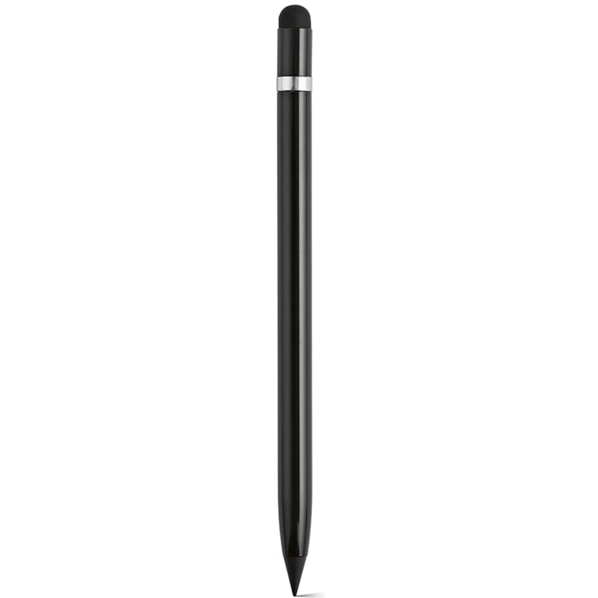 A sleek black inkless pen with a graphite tip and cap, featuring a metallic band.