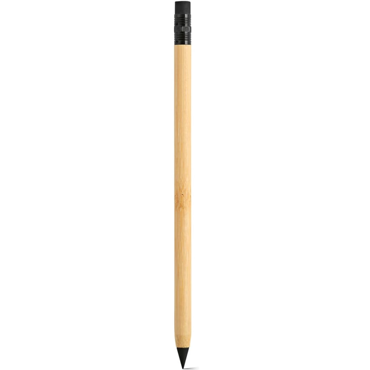 A bamboo pen with a graphite tip and eraser, featuring a sleek black end and a natural wood finish.