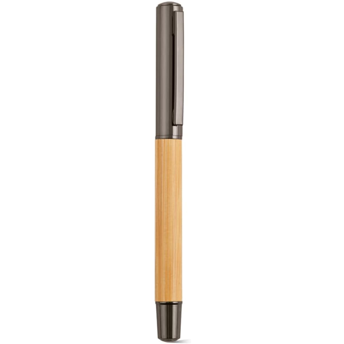 A pen featuring a bamboo barrel and a dark metallic clip, filled with blue Dokumental® ink. It has a logo on the barrel.