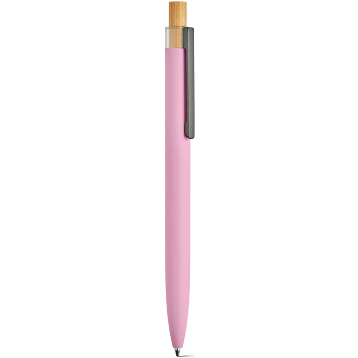 A pink pen with a bamboo accent and a silver clip, featuring a refillable ink mechanism.