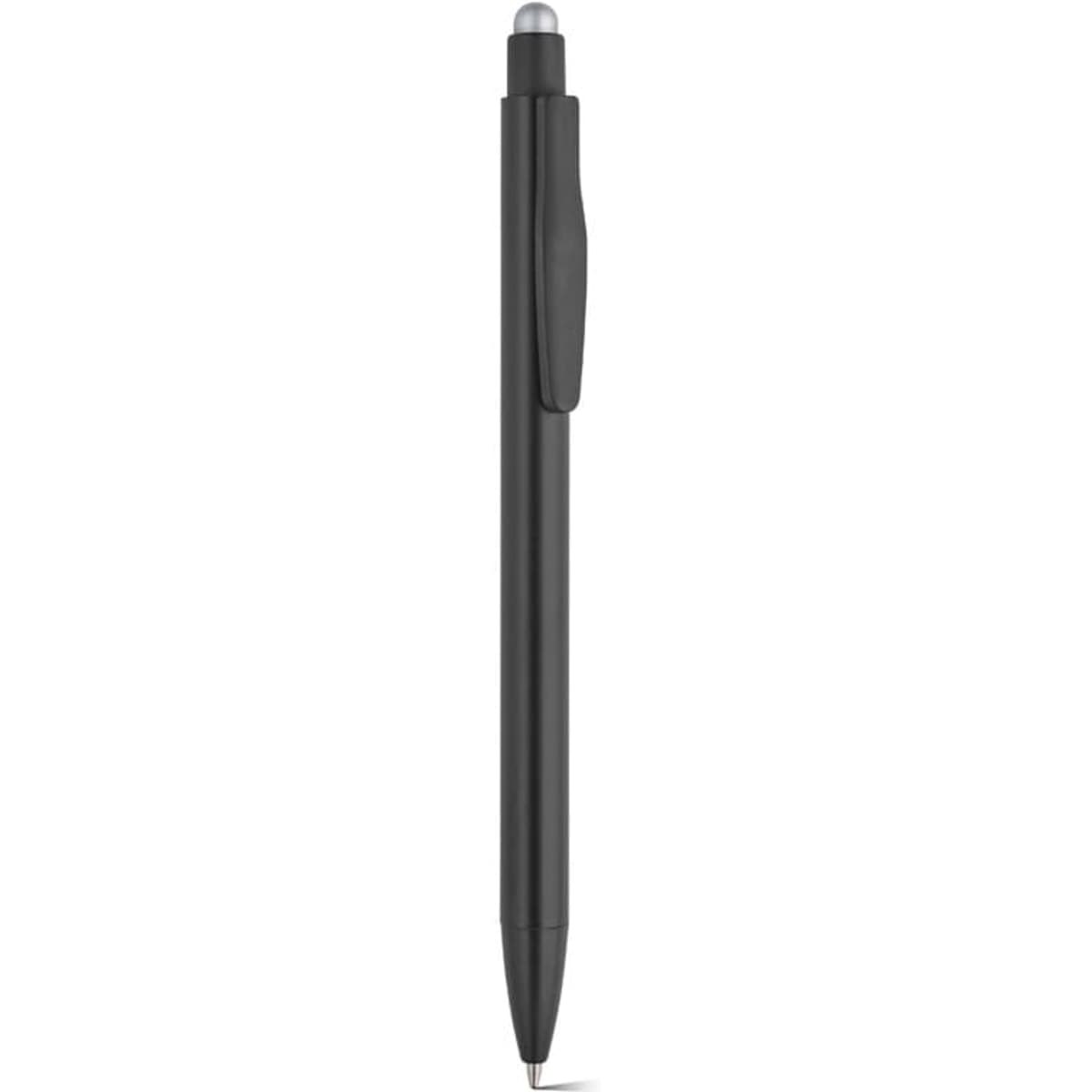 A black pen with a sleek design, featuring a clip and a pointed tip for writing. It has a branding logo.