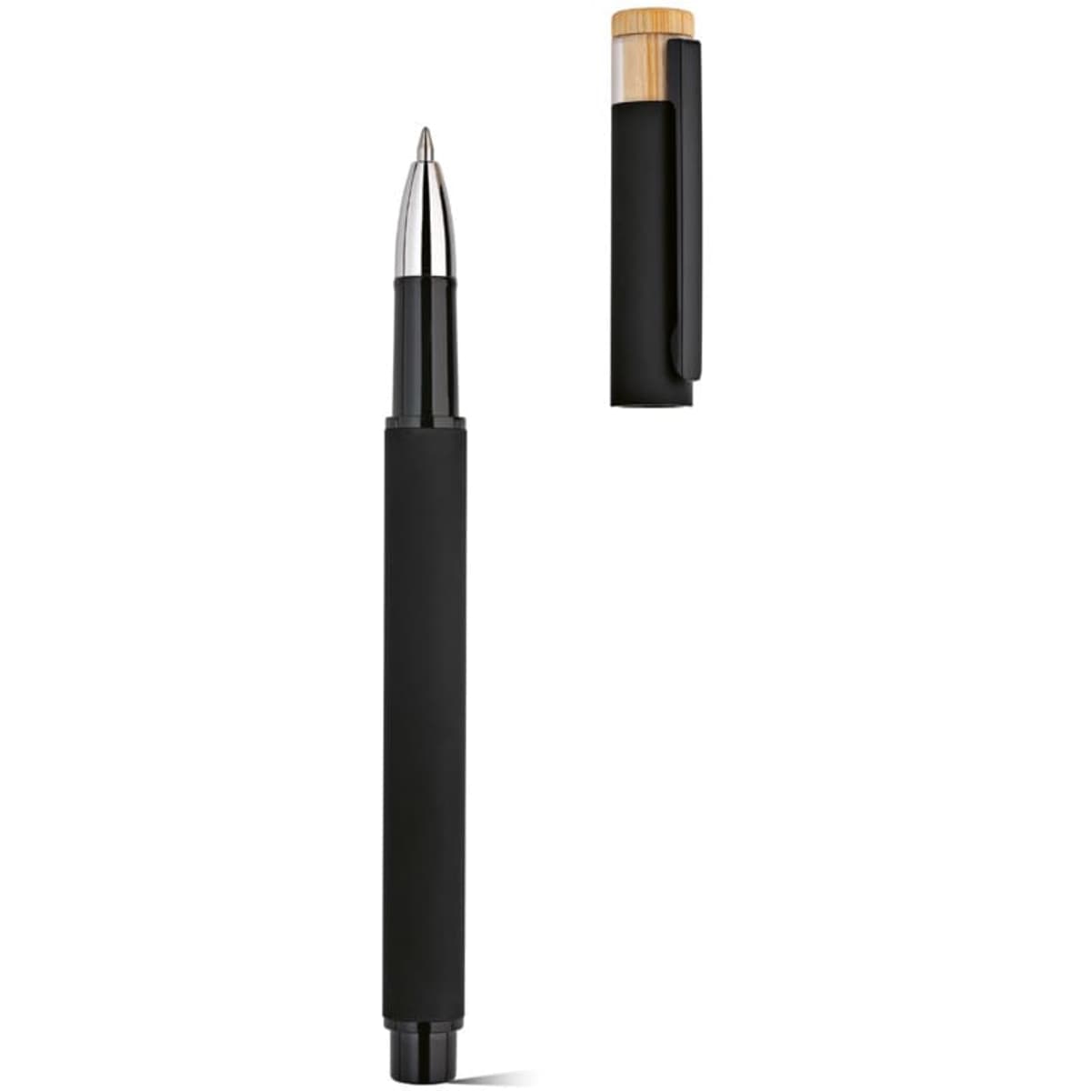 A black rollerball pen with a silver tip and a wooden cap, featuring a clip for easy attachment.