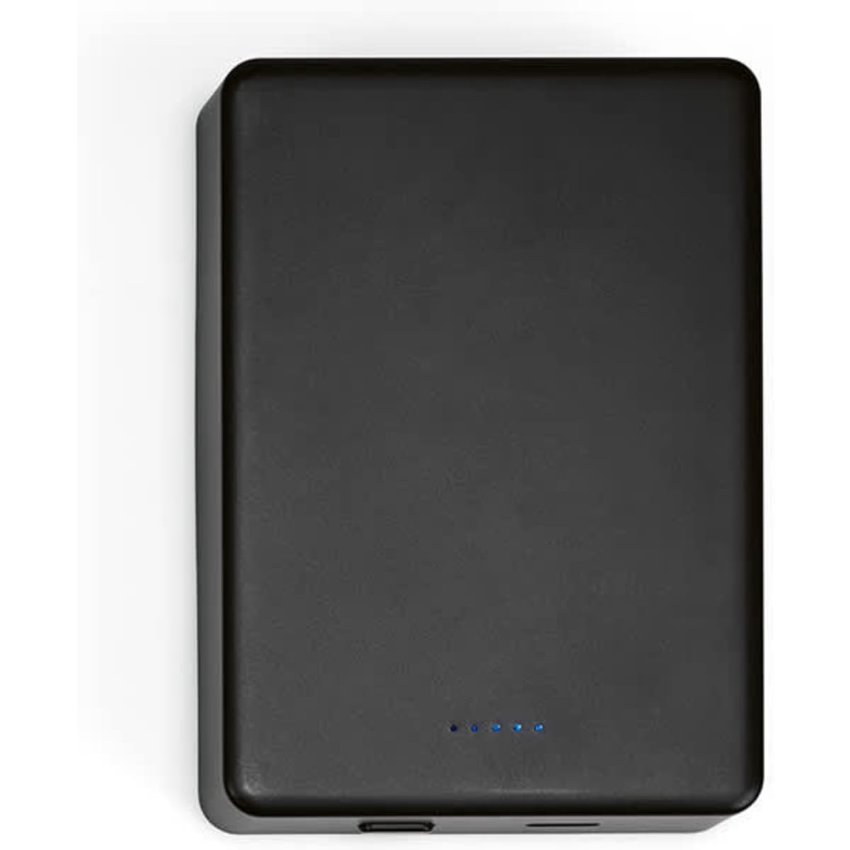 A black power bank with a smooth surface, featuring indicator lights and a logo.