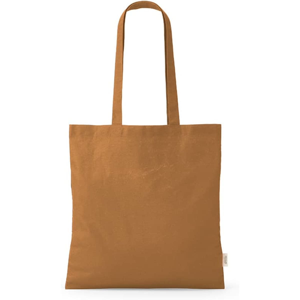 A brown cotton shopping bag with 65 cm handles and a simple design, featuring a logo.