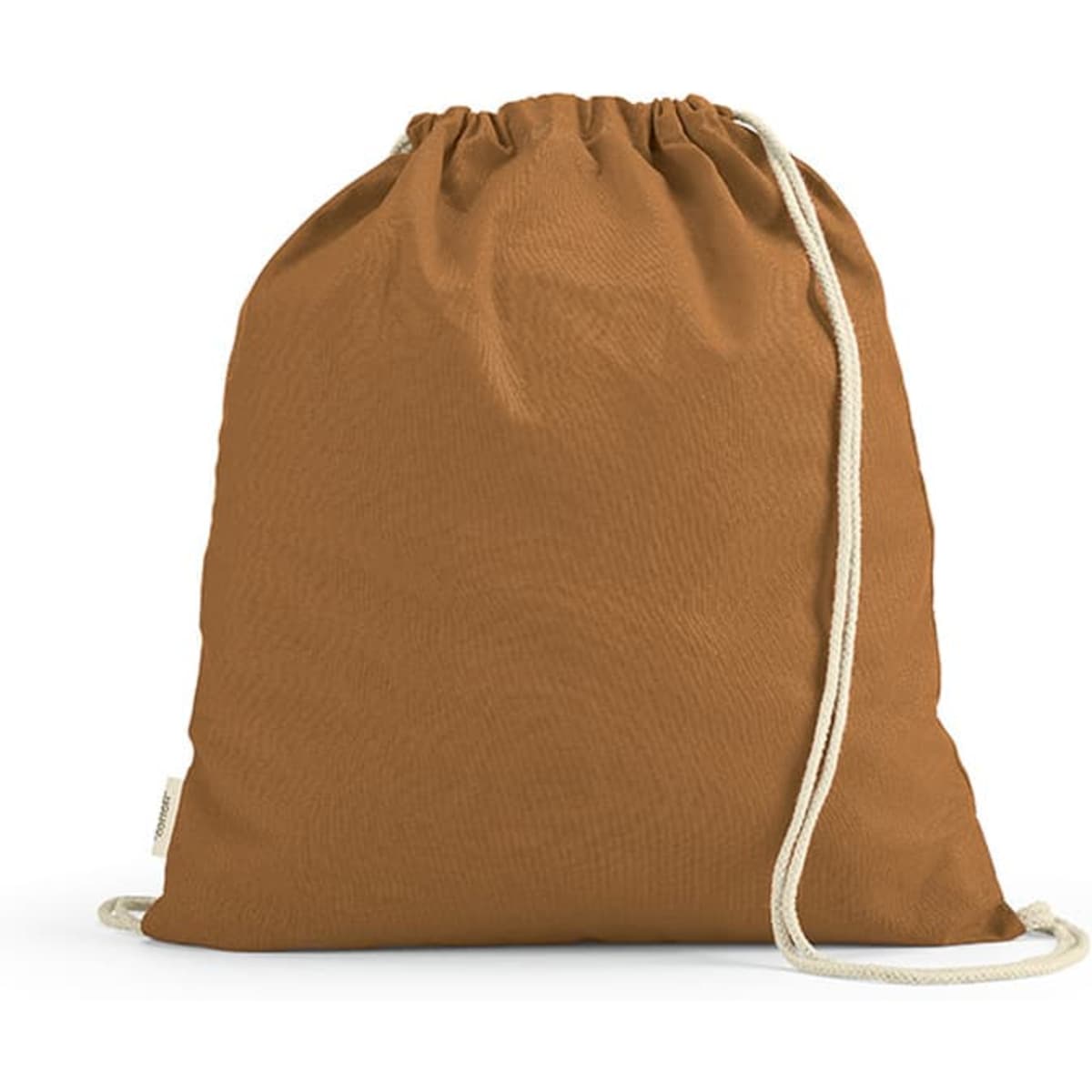 A brown drawstring bag made from rCotton, featuring cream-coloured rope straps and a logo.