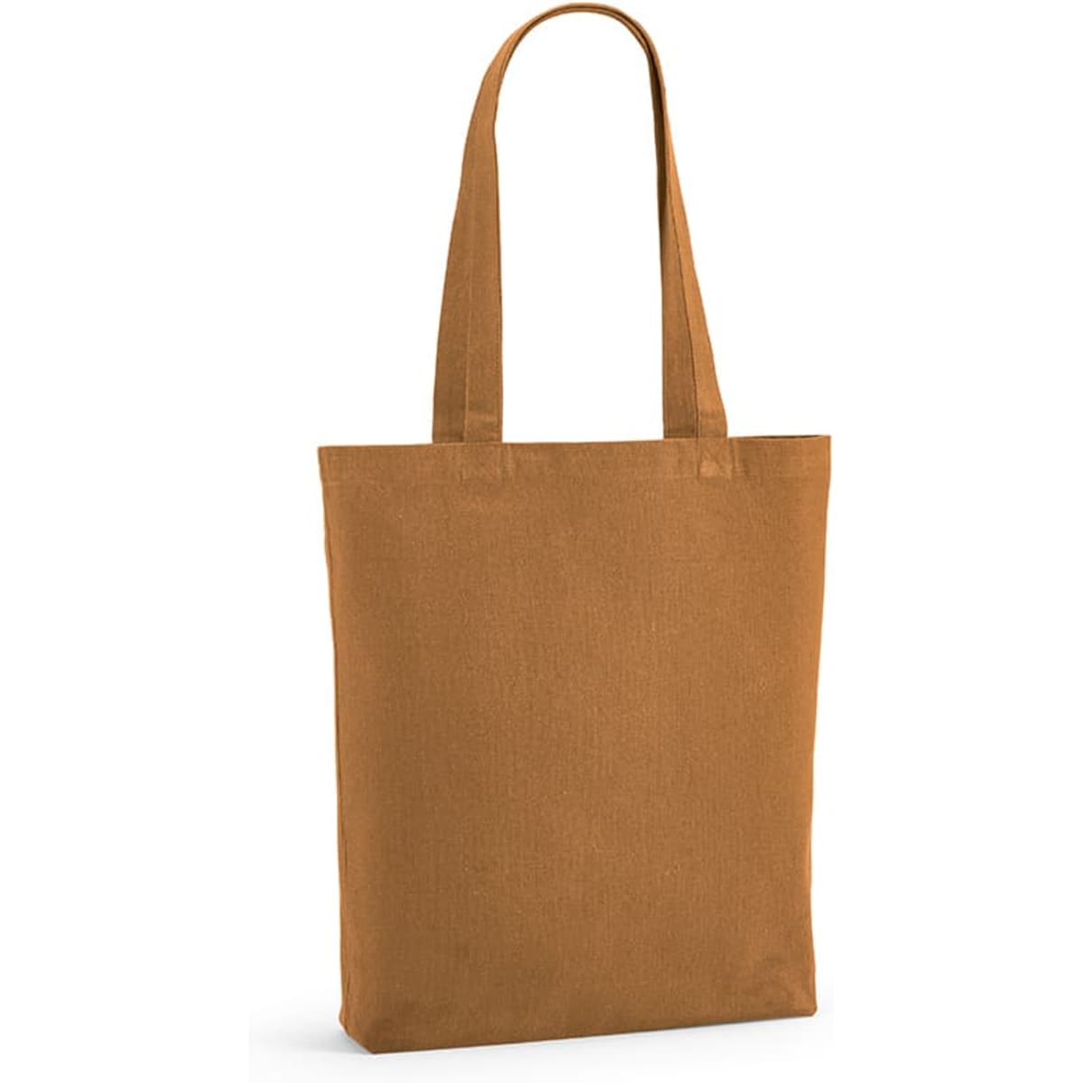 A brown shopping bag made of 180gsm cotton, featuring 65cm handles and a gusset, with a logo on the side.