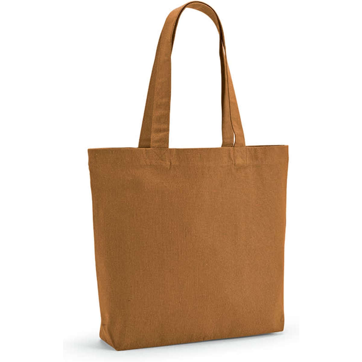 A brown tote bag made from rCotton fabric, featuring 65cm handles and a gusset for added capacity.