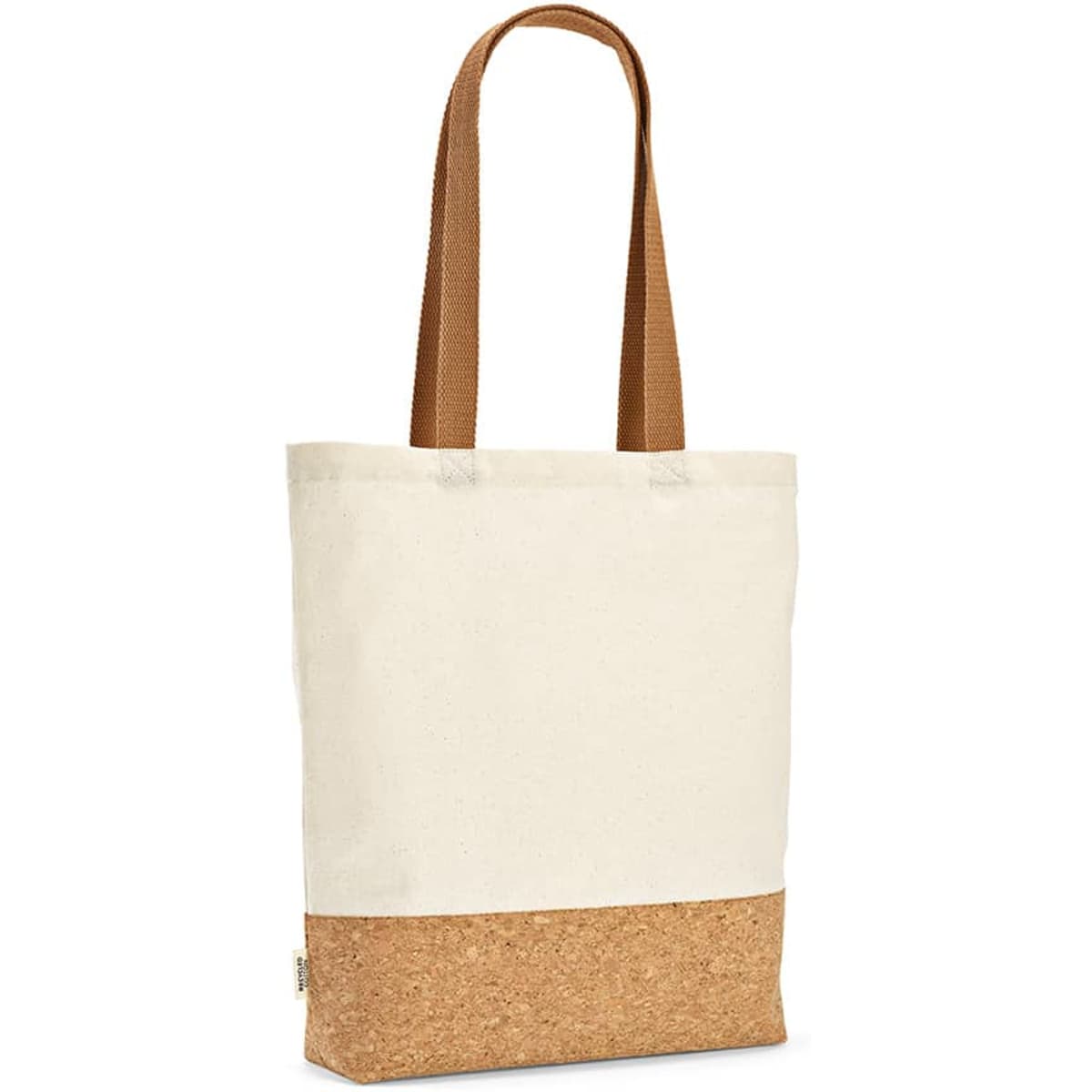 A shopping bag in off-white fabric with a cork base and brown straps. Features a logo on the side.