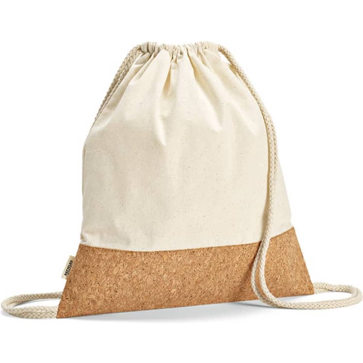 A drawstring bag featuring a natural cotton body and a cork bottom, with cream fabric and beige cord.