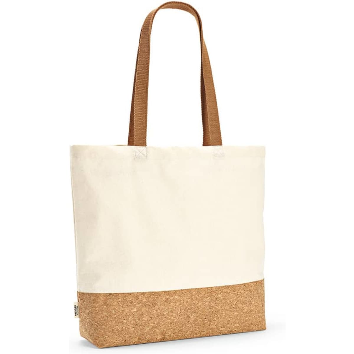 A cream shopping bag with a cork base and brown handles. It features a logo on the side.