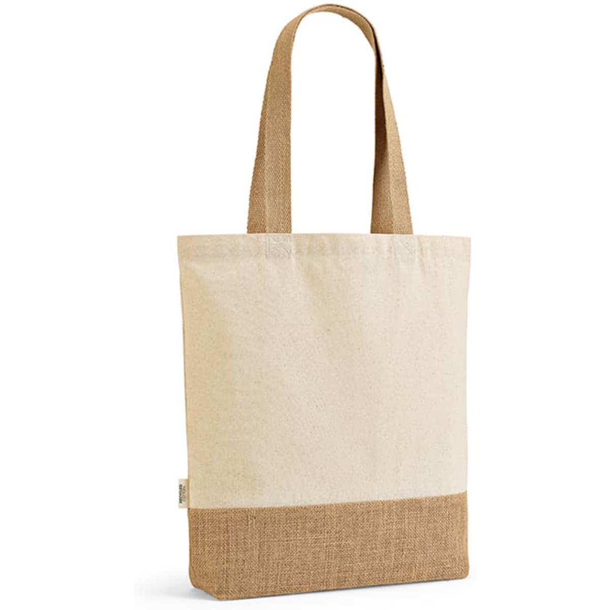 A natural fabric shopping bag featuring a cream upper section and a jute lower section, with long handles.