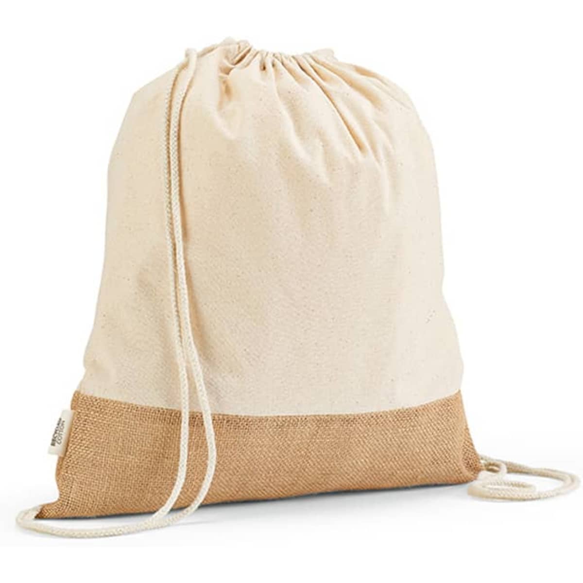 A drawstring bag made of natural cotton with a jute bottom, featuring a simple and neutral design.