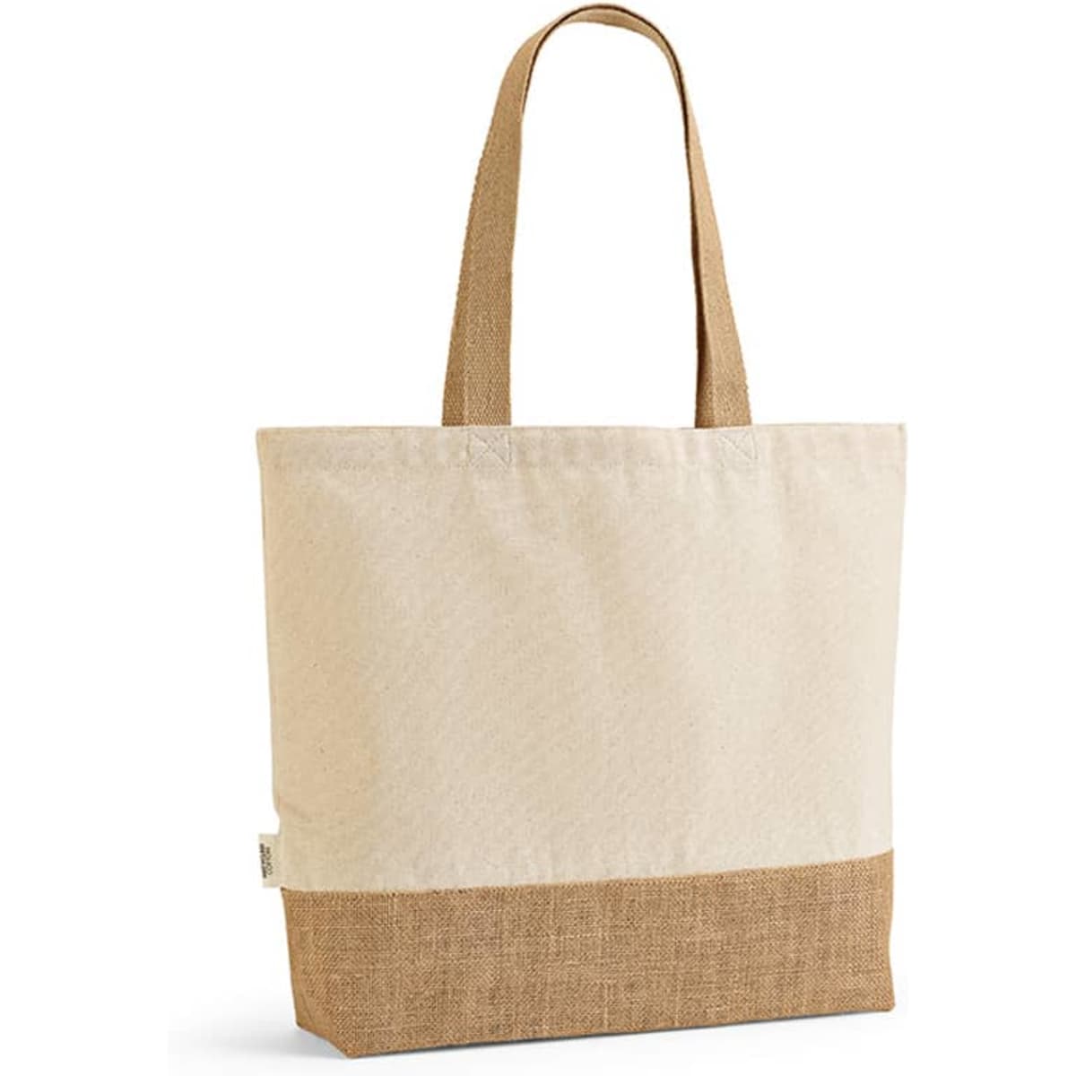 A beige shopping bag with a jute bottom, featuring two sturdy handles and a logo on the side.